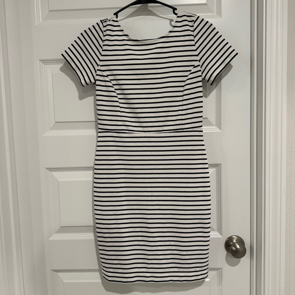 Banana Republic Striped White and Black Mini Dress with Scoop in Back